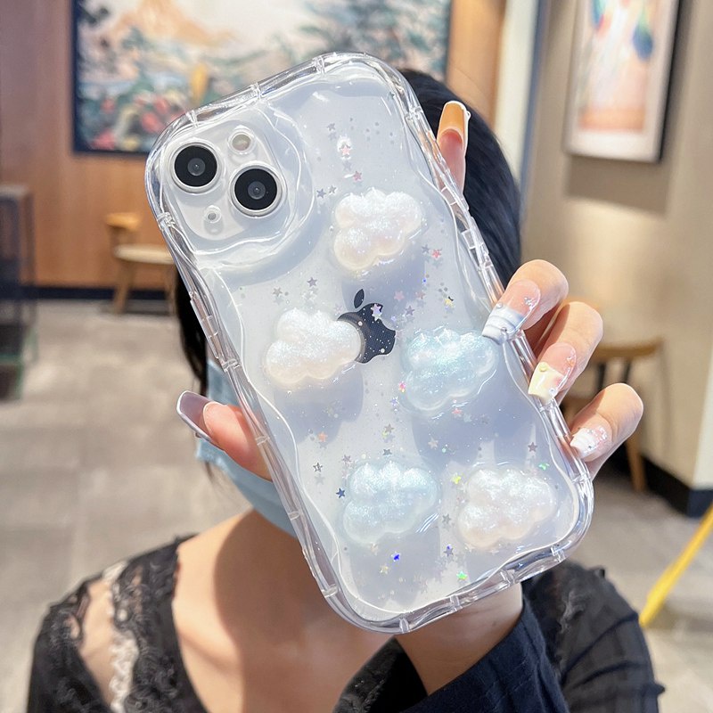 【Cream Edge】3D Pretty Laser Clouds Silicone Case for IPhone X XS XR XS Max 11 13 12 14 PRO Max 14 Plus SE 2020 2022 Clear Phone Case for Girl Women Gift