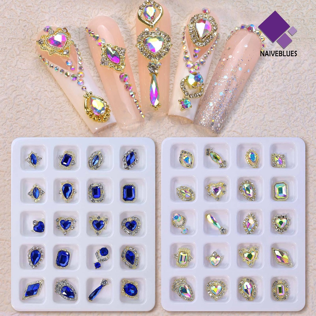 [naiveblues] 20pcs/box Nail Art Decor Tiga Dimensi Bersinar Gloss Berkilau Manicure Berlian Imitasi Alloy Dekor