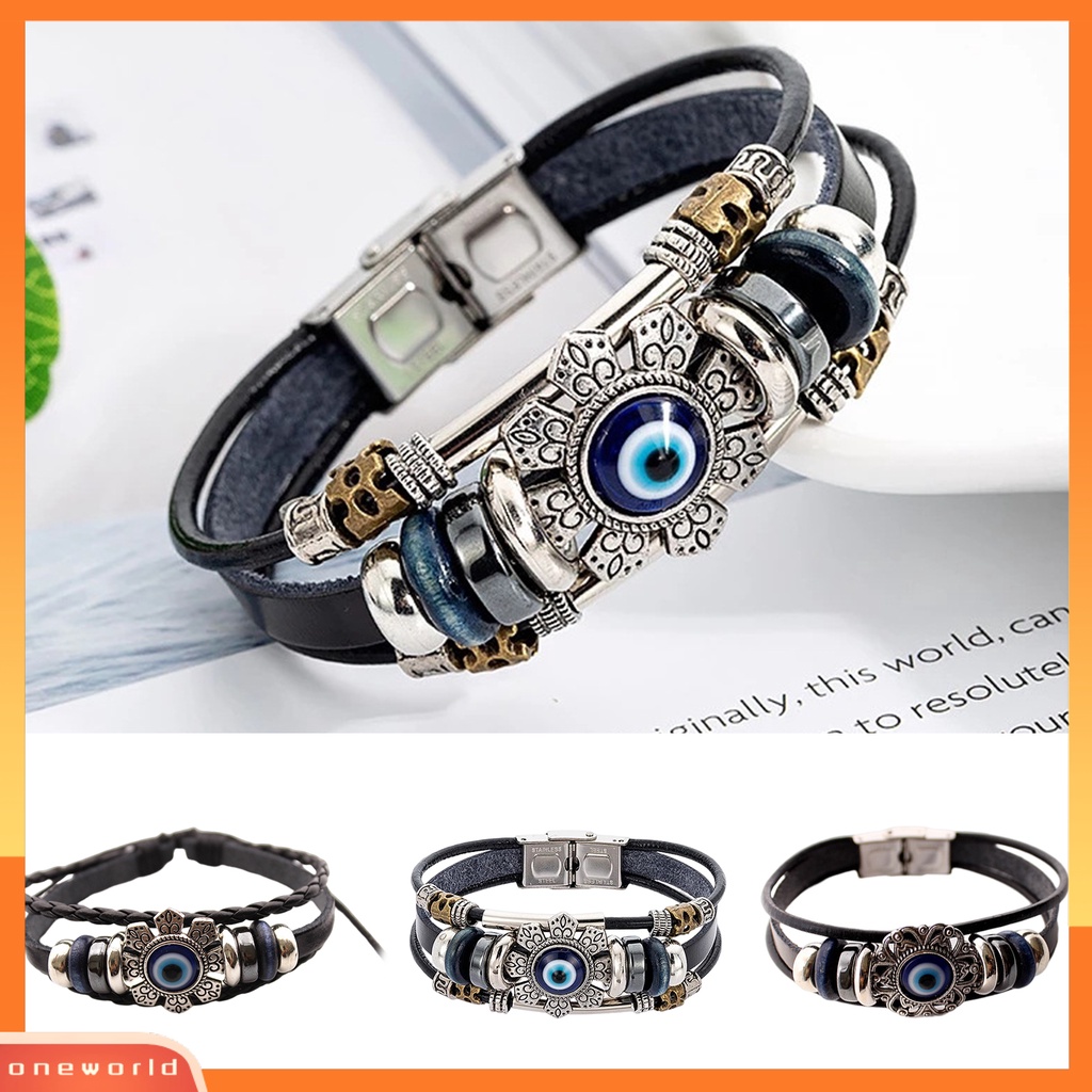 [EONE] Gelang Kulit Imitasi Bohemian Multilayer Beads Vintage Geometris Hias Hadiah Pria Wanita Turki Evil Eye Charm Bracelet Jewelry Untuk Kehidupan Sehari-Hari