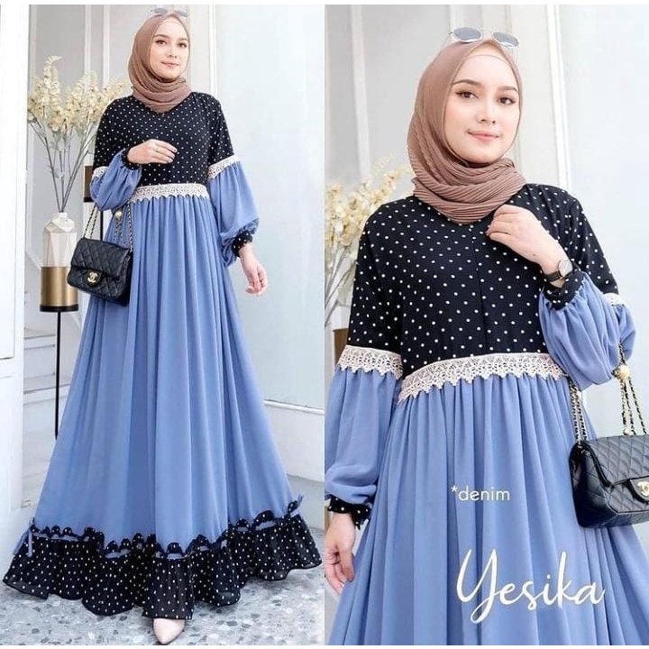 GAMIS STORE - Yesika Dress Polka Mix Cerutty Lapis Premium Fashion Gamis Maxy Gaun Wanita Pesta Kondangan