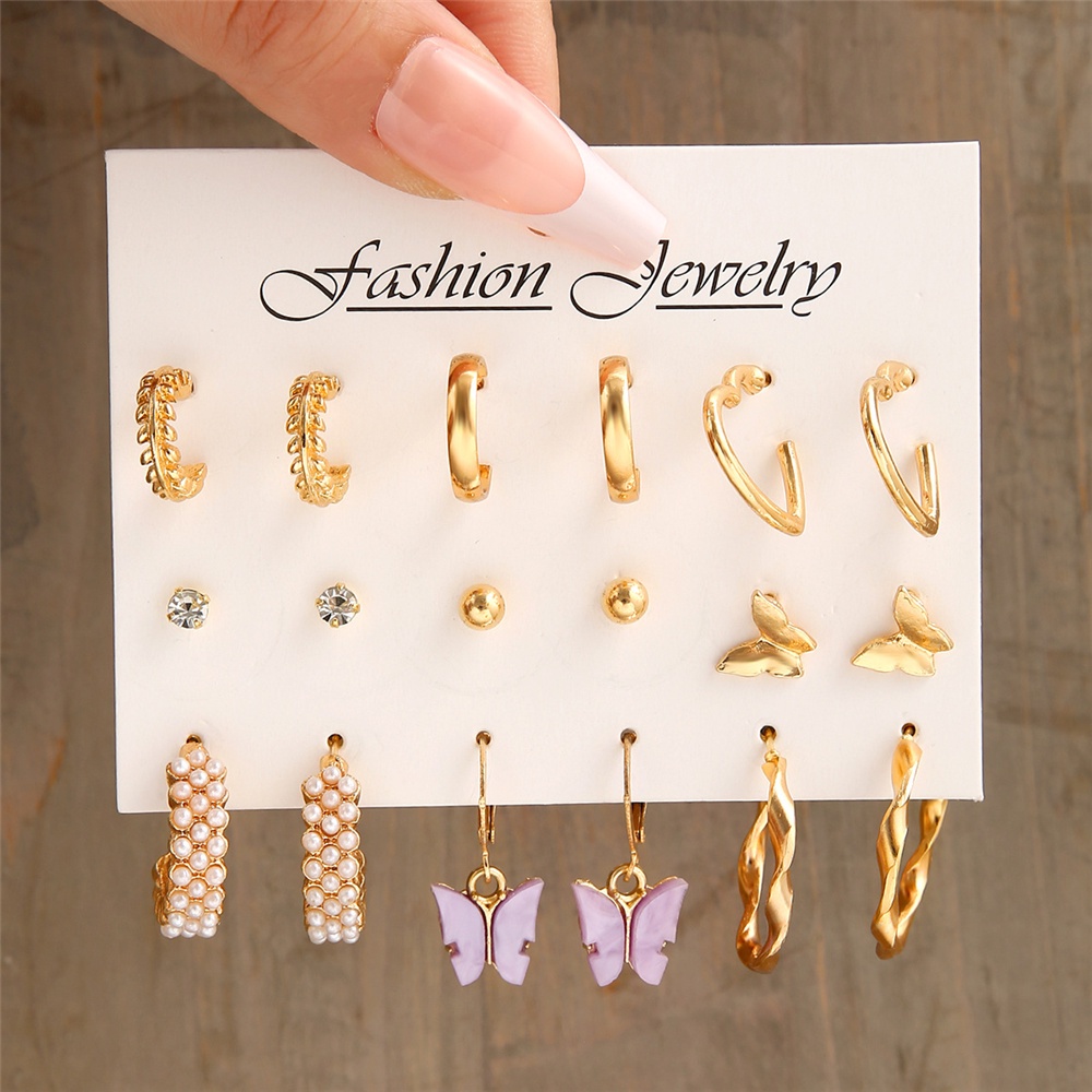 Set Anting Anting Sederhana Mutiara Stud Earrings Geometris Berongga Anting Berlebihan Anting Besar Anting Silang-border Earring A HELLO GIRL