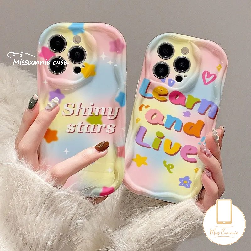 IPHONE Casing Belakang Kartun Bintang Huruf Warna-Warni Kompatibel Untuk Iphone11 14 12 13 Pro Max7 8 6s 6 Plus XR X XS Max SE 2020 7Plus 8Plus 3D Wavy Curved Edge Shockproof Glossy Soft Cover