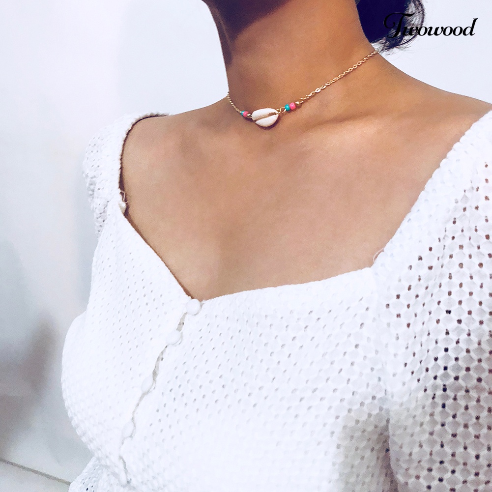 Twowood Simple Lady Bohemia Kerah Perhiasan Manik-Manik Pola Kerang Fashion Choker Kalung