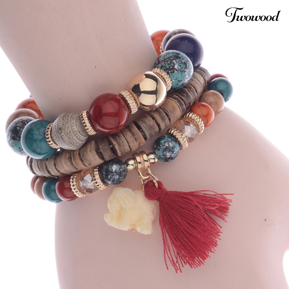 Twowood 3Pcs/Set Bohemian Wanita Gajah Rumbai Pesona Ceko Batu Manik-Manik Gelang Hadiah