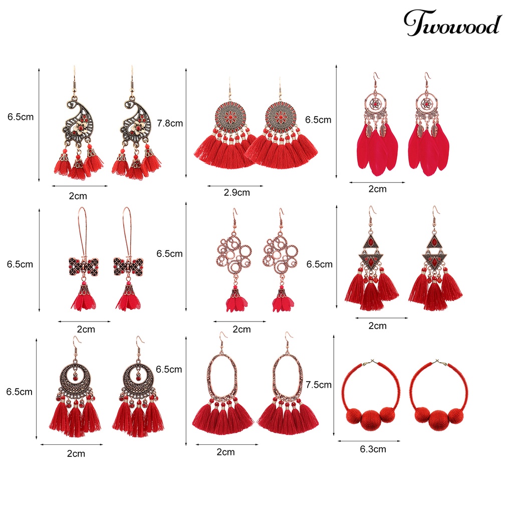 Twowood 1pasang Anting Menjuntai Rumbai Desain Perhiasan Hadiah Merah Wanita Pernikahan Drop Earrings Untuk Festival