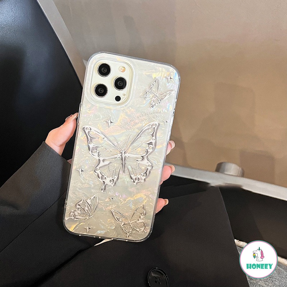 IPHONE Ins Korea Silver Butterfly Shell Pattern Phone Case Kompatibel Untuk Iphone11 12 Pro 13 14 Pro Max Silikon Lembut Shockproof Back Cover