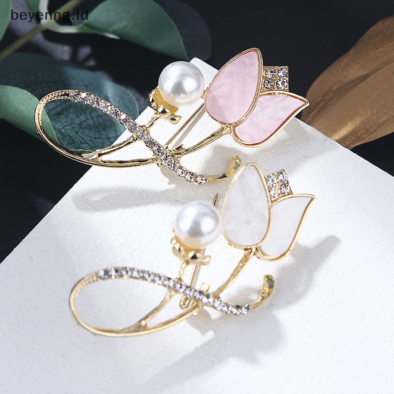 Beyen Mutiara Berlian Imitasi Tulip Bunga Bros Pin Perhiasan Pakaian Dekorasi Unisex ID