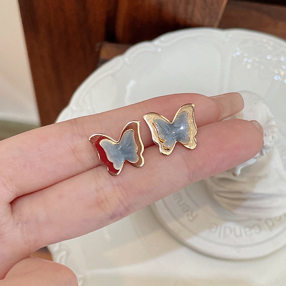 Anting Klip On Kupu-Kupu Biru Lucu Non Tindik Perhiasan Enamel Lapis Emas Earcuff Untuk Wanita Hadiah Pesta Pengantin