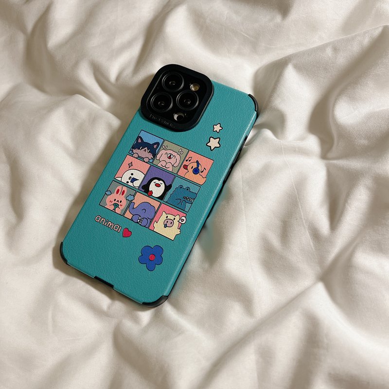 Skin Feel Soft sheepskin Leather Case IPhone 6S 7 8 Plus SE 2020 X XR XS Max 11 12 13 14 Pro Max 14 Plus Camera Protect for Women Girl Cute Blue Zoo