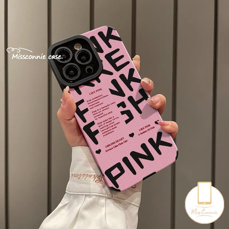 Casing Tekstur Kulit Mewah Kompatibel Untuk iPhone 7Plus XR 14 11 13 12 Pro MAX X 7 8 Plus XS MAX Retro Trendi Merek Simple Pink Huruf Inggris Lembut Silicon Phone Cover