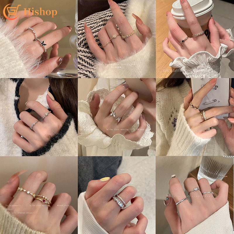 Set Cincin Zirkon Pink Untuk Wanita Elegan Emas Perak Opal Ular Kupu-Kupu Camelia Hati Jari Rings Aksesoris Perhiasan