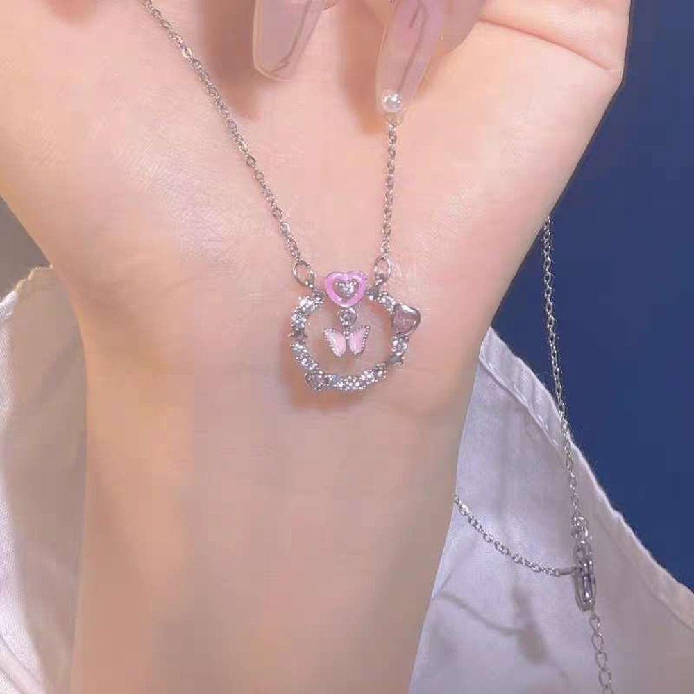 Mxbeauty Y2K Wanita Kalung Aesthetic Pesona Halus Klavikula Rantai Kupu-Kupu Berlian Imitasi Alloy Pink Hati Gadis Choker