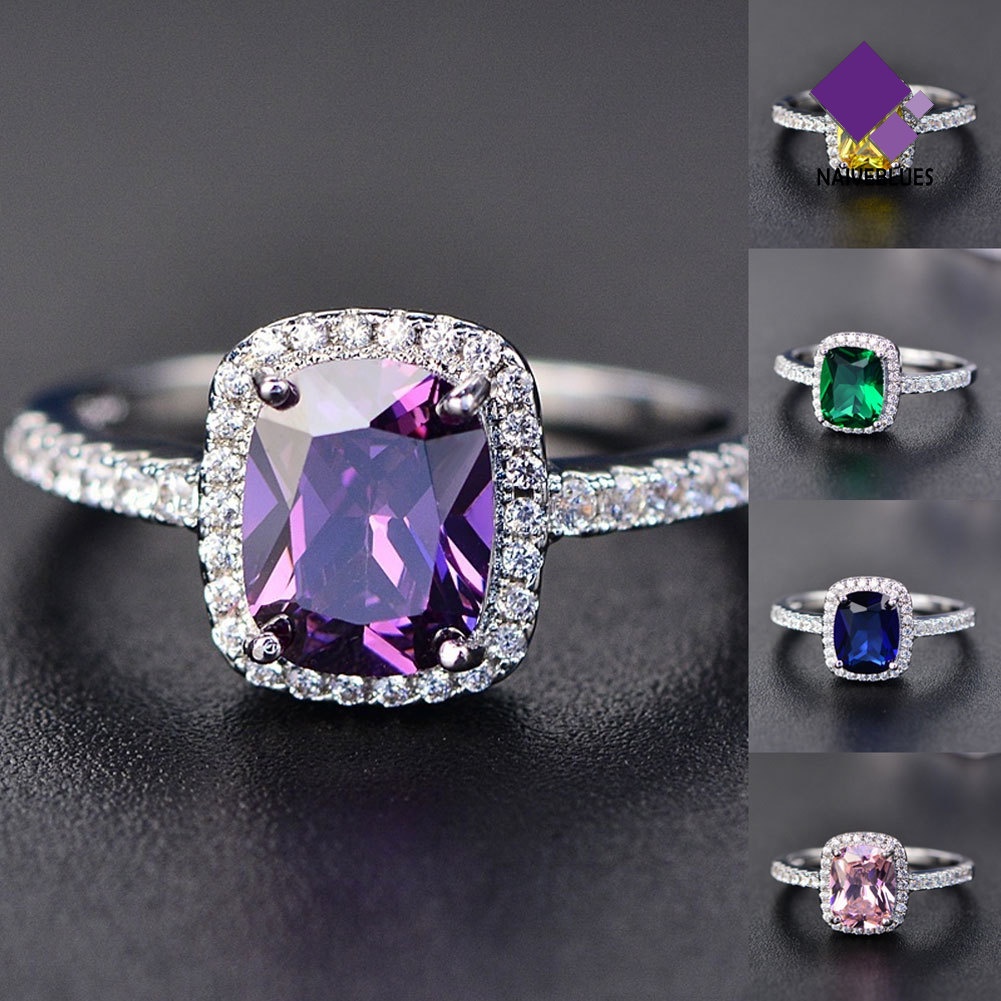 &lt; Naiveblues &gt; Cincin Tunangan Lamaran Berlian Imitasi Batu Permata Imitasi Persegi Bergaya