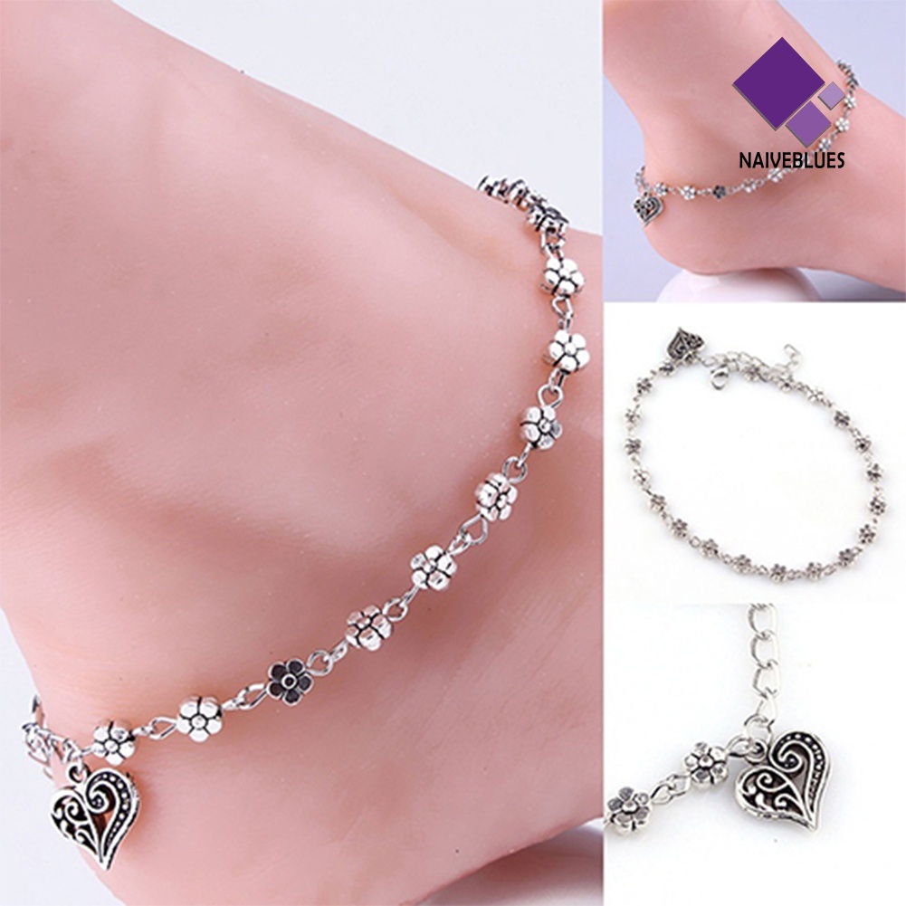 &lt; Naiveblues &gt; Wanita Retro Hati Bunga Barefoot Sandal Pantai Gelang Kaki Rantai Perhiasan
