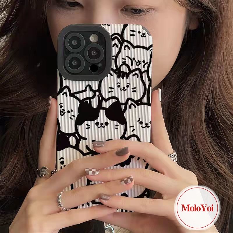 IPHONE Casing Ponsel Hitam Putih Tekstur Kulit Mewah Kompatibel Untuk Iphone11 Pro Max XR XS X Max 7Plus 11 14 13 12 Pro Max8 7 Plus Shockproof Kartun Kucing Lucu Soft Cover