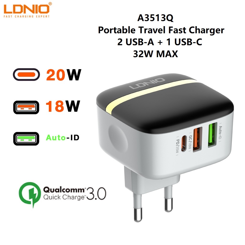 LDNIO A3513Q - Portable Travel Charger 3 Port - Dual Fast Charging 18W