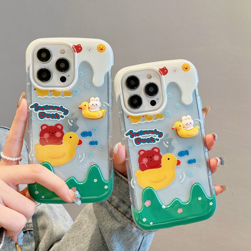 【3D Ice Cream】Summer So Cute Clear Yellow Duck Soft Case IPhone 7 8 Plus XR XS Max 11 12 13 14 Pro Max 14 Plus for Women Girl Gift Cartoon Lovely