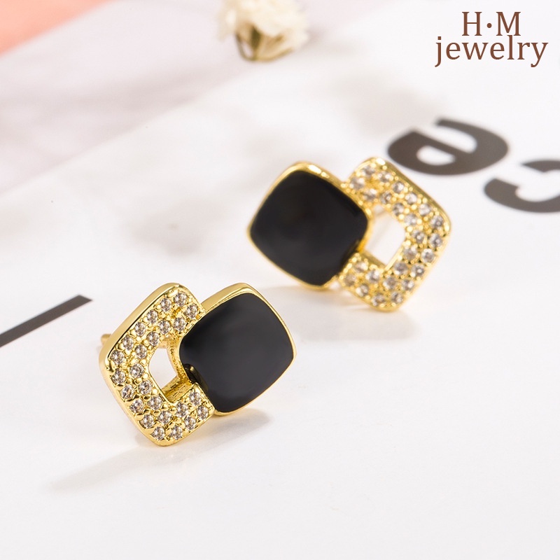 Fashion Retro Berlian Hitam Anting Persegi Anting Bermutu Tinggi