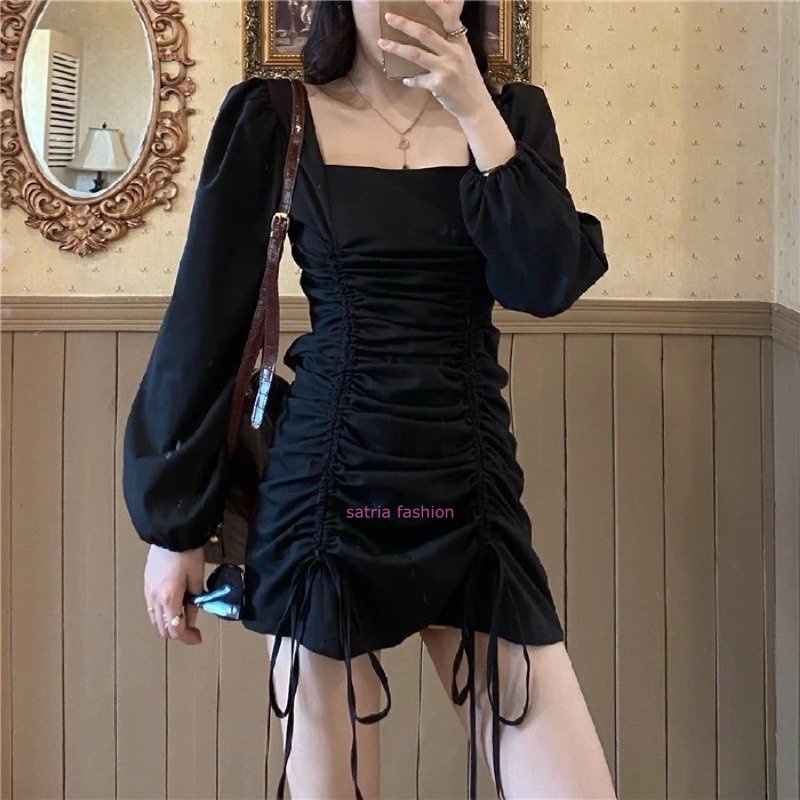 Yuna Sexy Bodycon Mini Dress / Mini Dress Double Serut/Fashion Wanita Import Terbaru / Dress Serut L