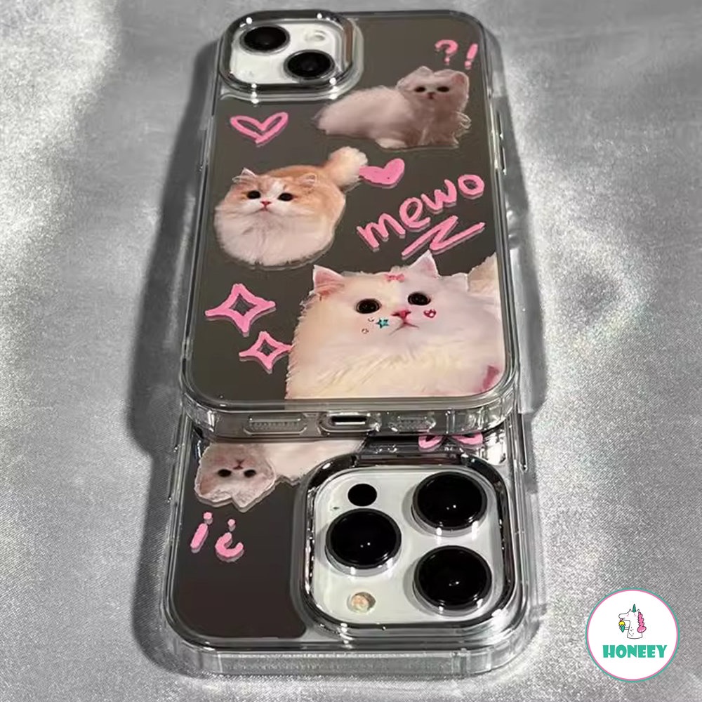 Ins Lucu Kartun Cinta Kucing Case Untuk iPhone 14 Pro Max12 13 Pro Max11 Fashion Makeup Cermin Lembut TPU Pelindung Penutup Belakang