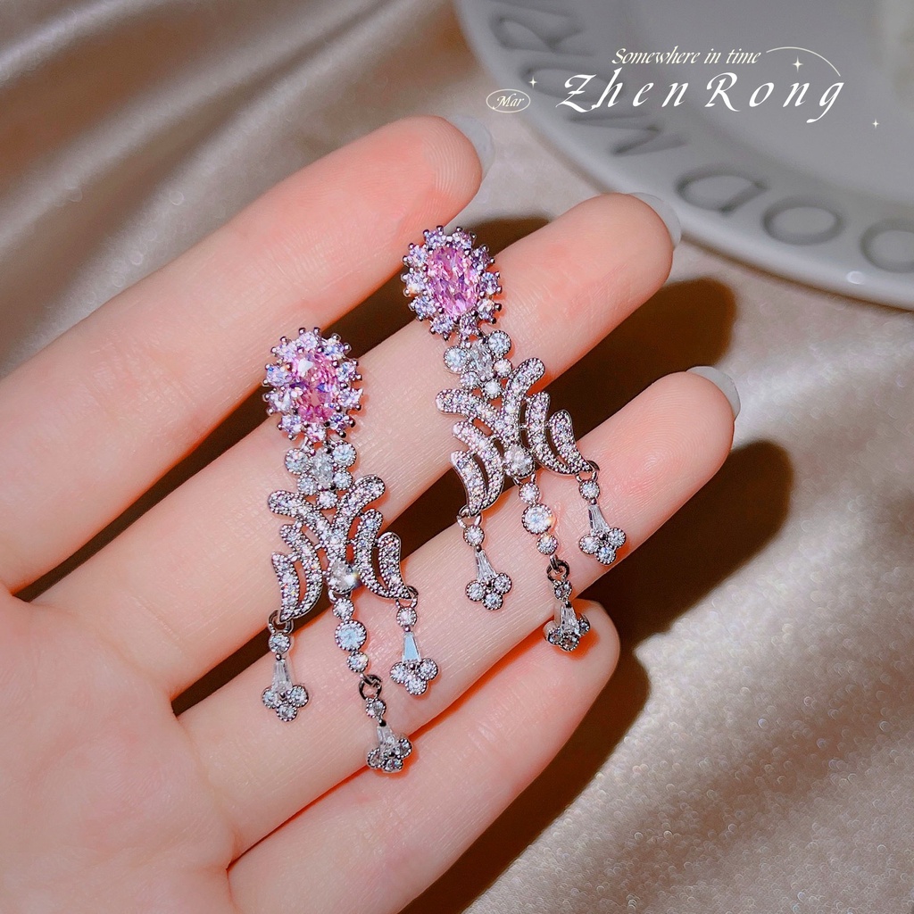 Goldkingdom Fashion Perhiasan Aksesoris Ready Stock Pink Berlian Sterling Silver Indah Rumbai Panjang Manis Keren Penuh Berlian Anting Untuk Wanita