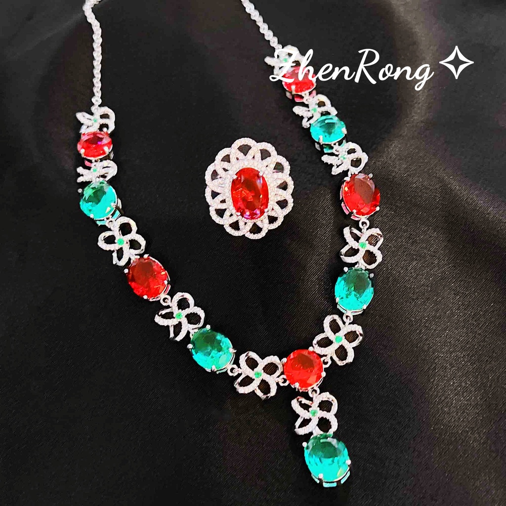 Goldkingdom Fashion Perhiasan Aksesoris Ready Stock Mewah Colorful Harta Karun Kalung Anting Cincin Set Tiga Potong Dari Batu Permata Turmalin Warna-Warni