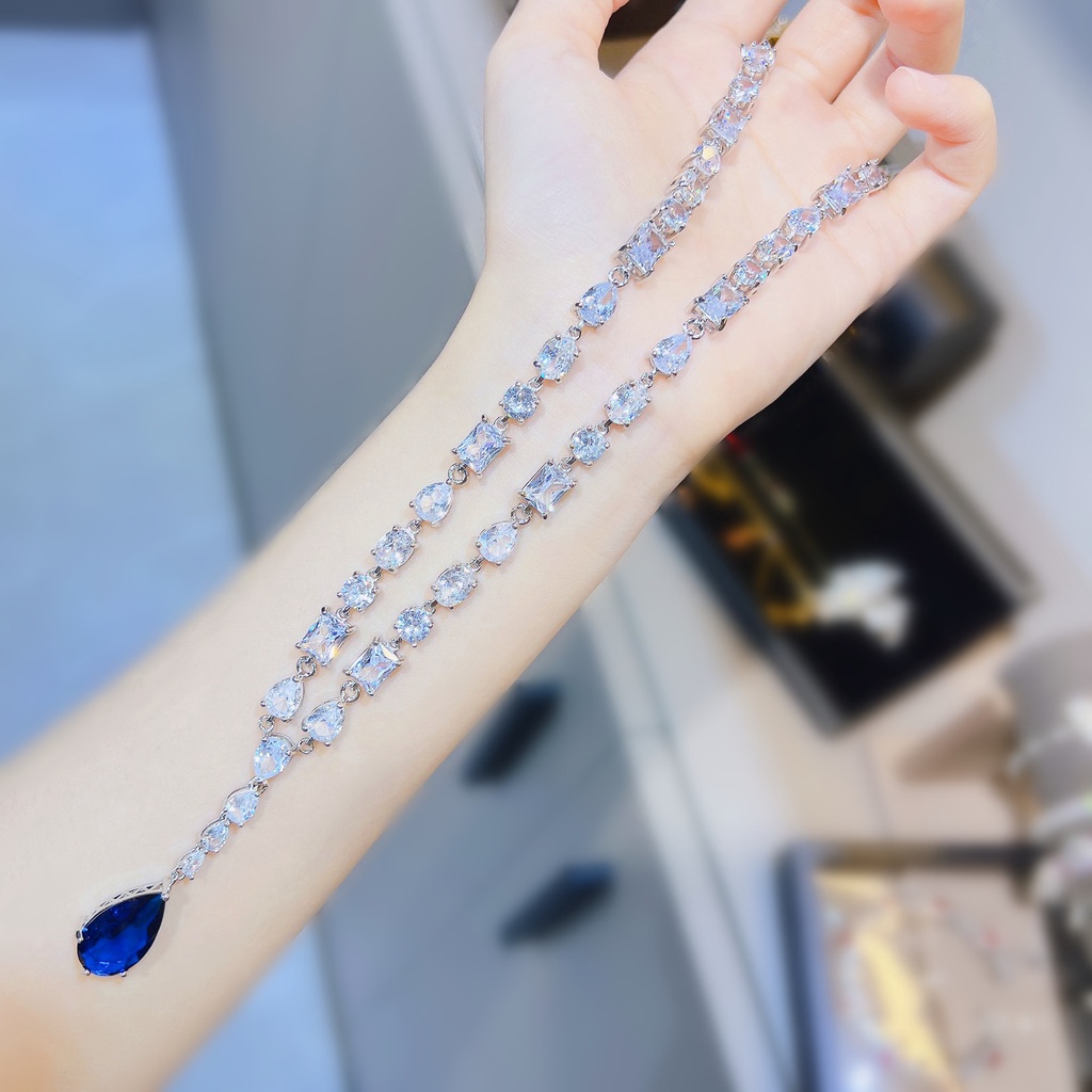 Goldkingdom Aksesoris Perhiasan Fashion Ready Stock Azure Bintang Royal Sapphire Berbentuk Pir Kalung Dengan Berlian Briliant Rakitan Set Rantai