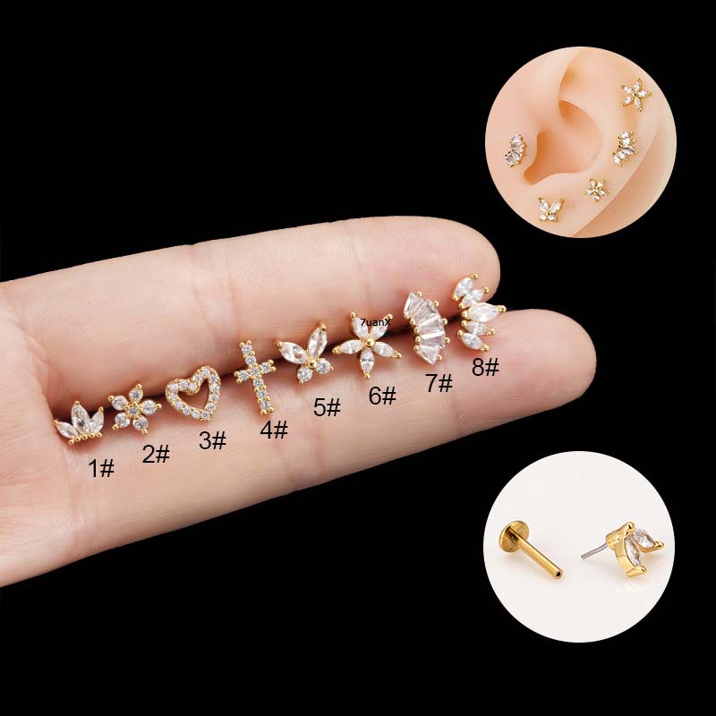 1biji Jantung Kupu-Kupu Mahkota Squre Bentuk Telinga Tragus Helix 16Gauge Piercing Kepala Datar Labret Lip Stud 16Gauge