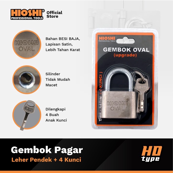 HIOSHI /Gembok Oval/LEHER PENDEK/Besi/Baja/Pagar/Satin/30 40 50 60 mm/Blister/Kunci 4bh - HD