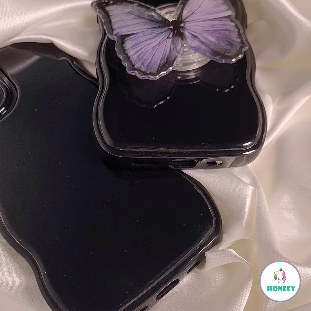 IPHONE Bingkai Gelombang Retro Hitam Pekat Glossy Untuk Apple14 Case Untuk Iphone11Tali Kupu-Kupu11 13 12 Pro Max Silikon Lembut Cover Pelindung