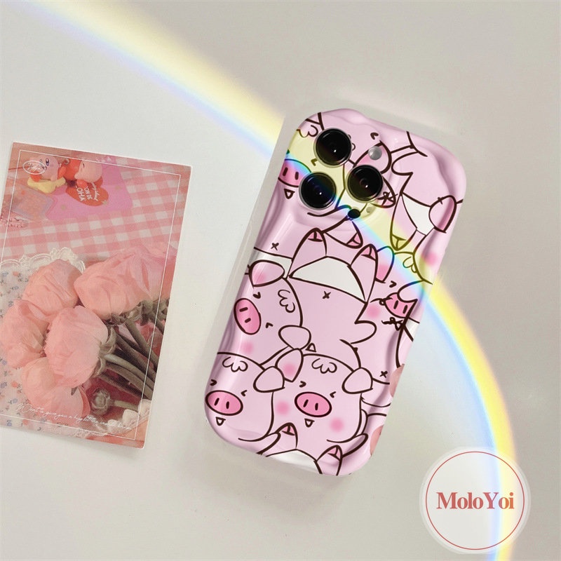 Kelinci Lucu Lovely Pig Couples Case Kompatibel Untuk IPhone XR X XS Max7 8 6 6s Plus 11 12 13 14 Pro Max 7Plus SE 2020 3D Wavy Curved Edge Glossy Kartun Lembut Tpu Cover