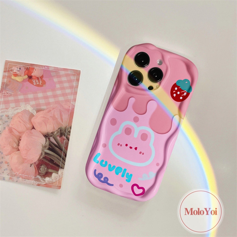 Casing Pasangan Tepi Melengkung Bergelombang 3D Kompatibel Untuk IPhone XR XS X Max8 7 6 6s Plus 11 13 14 12 Pro Max SE 2020 Doodle Lembut Tpu Kartun Cherry Ice Cream Beruang Lucu Rabbit Phone Cover