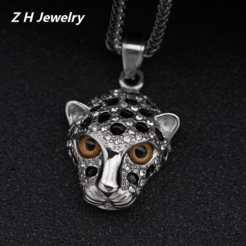 Z H Perhiasan Retro Lapis Emas 18K Berlian Permata Leopard Liontin Fashion Pria Anti Karat Kalung Liontin Hip Hop Pesta Baja Titanium Perhiasan Aksesoris Grosir