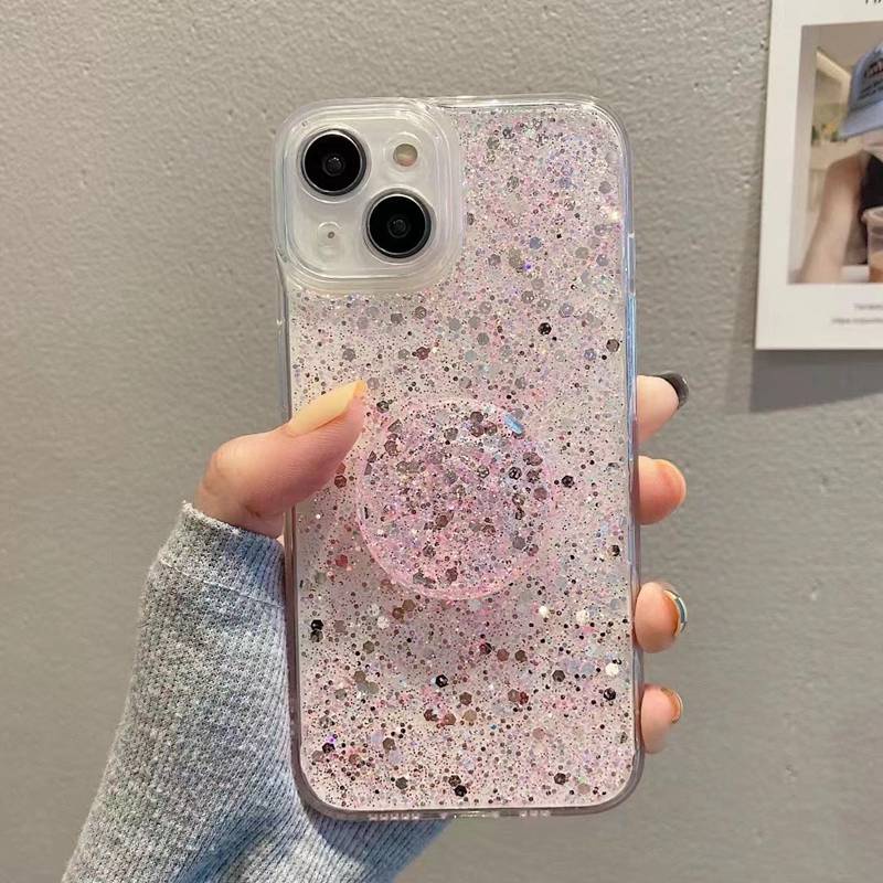 Crystal Pink Starry Sky Popsocket Soft Case for IPhone 7 8 Plus X XS XR XS Max 11 13 12 14 PRO Max 14 Plus Clear Phone Case for Girl Women Gift