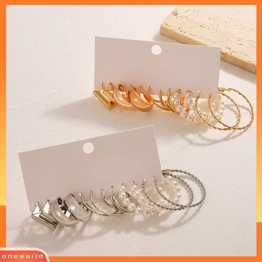 [ONE] 6pasang Wanita Anting Hoop Sederhana Geometris Berbentuk C Memutar Mutiara Imitasi Aneka Anting Fashion Aksesoris Hadiah