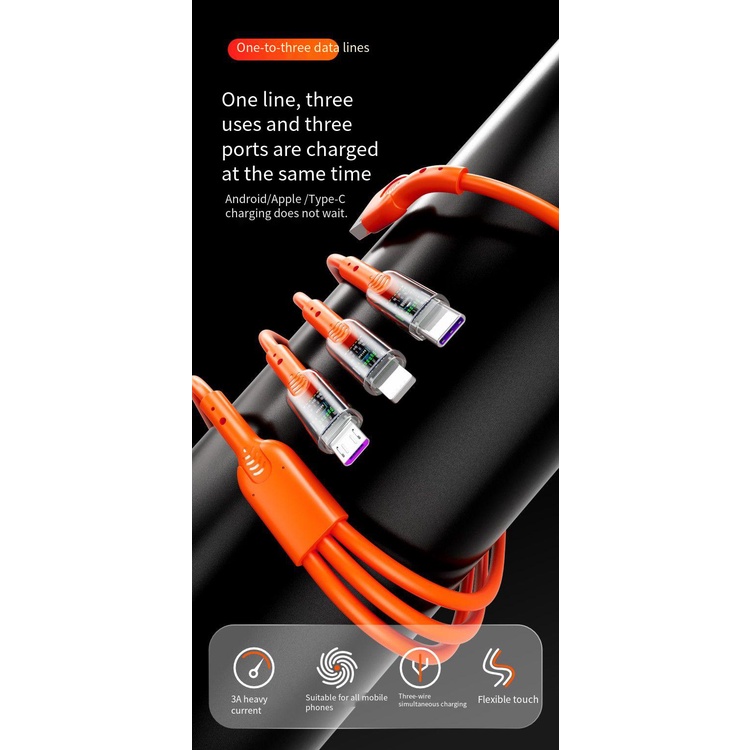 Kabel Data Charger Lampu Indikator Transparan Pengisian Cepat 3A 3in1 Cocok Untuk Huawei Samsung Xiaomi iPhone Charging Cable