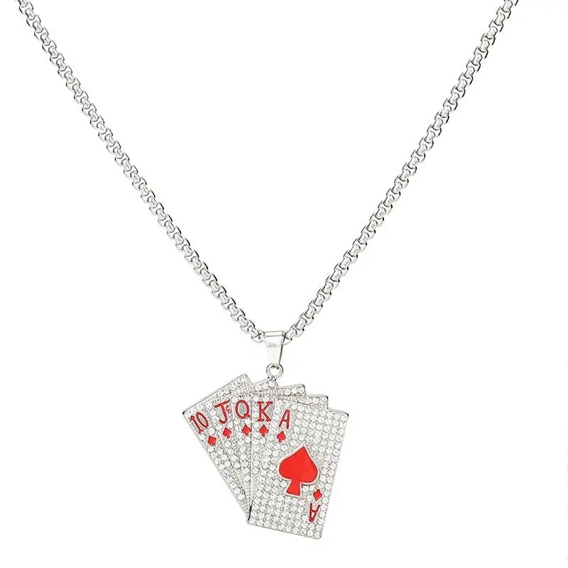 Pria Retro Warna Perak Poker Beruntung Ace of Spades Kalung Baja Titanium Panjang Punk Kalung Pernyataan Perhiasan