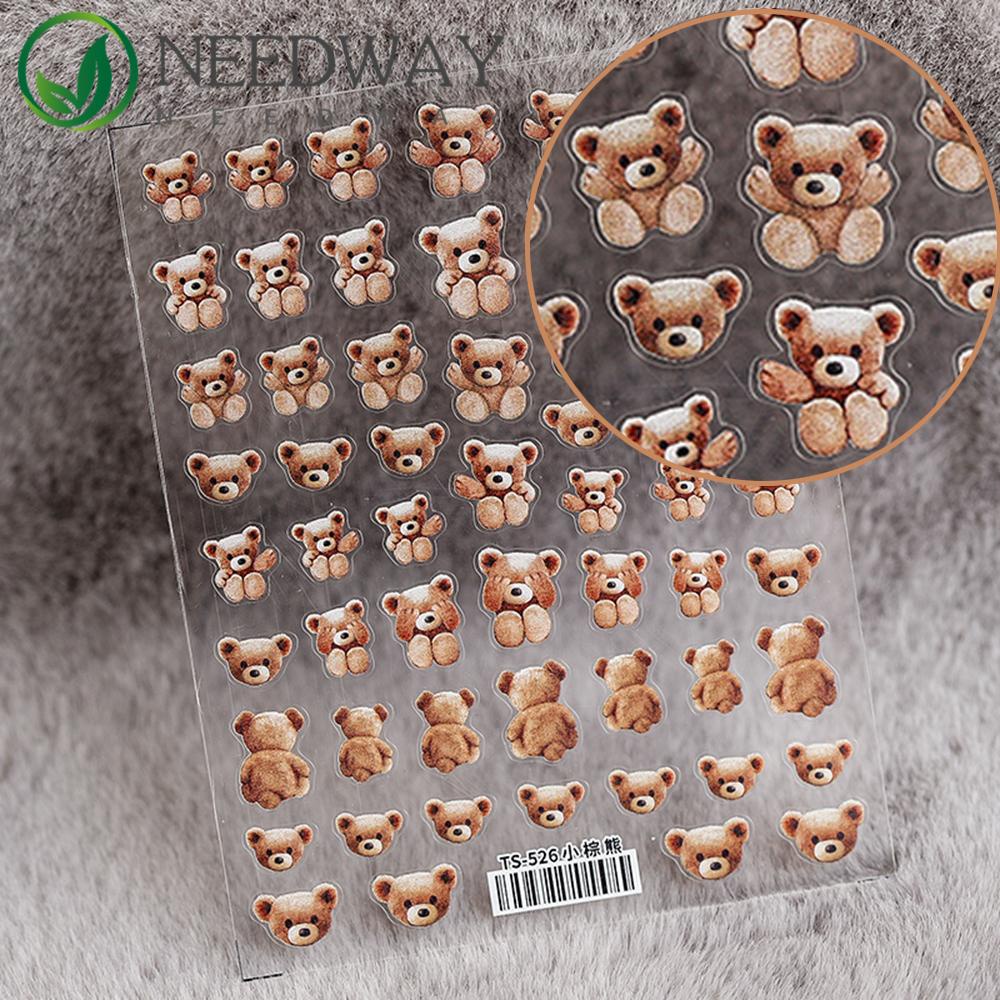 Needway   3D Kuku Stiker Musim Semi Musim Panas Baru Buram Kecil Beruang Coklat 5D Tipis Tangguh Teddy Bear Kuku Foil Stiker Perekat Diri Stiker