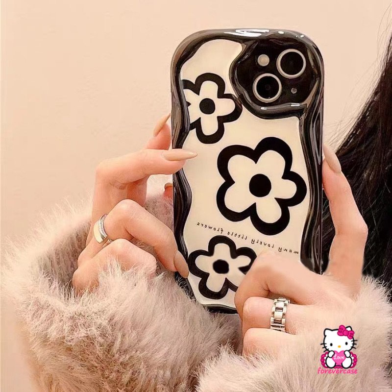 IPHONE Casing Airbag Shockproof 3D Wavy Curved Edge White Kompatibel Untuk Iphone11 Pro Max 7Plus XR XS X Max 6 7 6s 8plus 13 12 14 Pro Max SE 2020simple Tiga Bunga Glossy Soft Cover