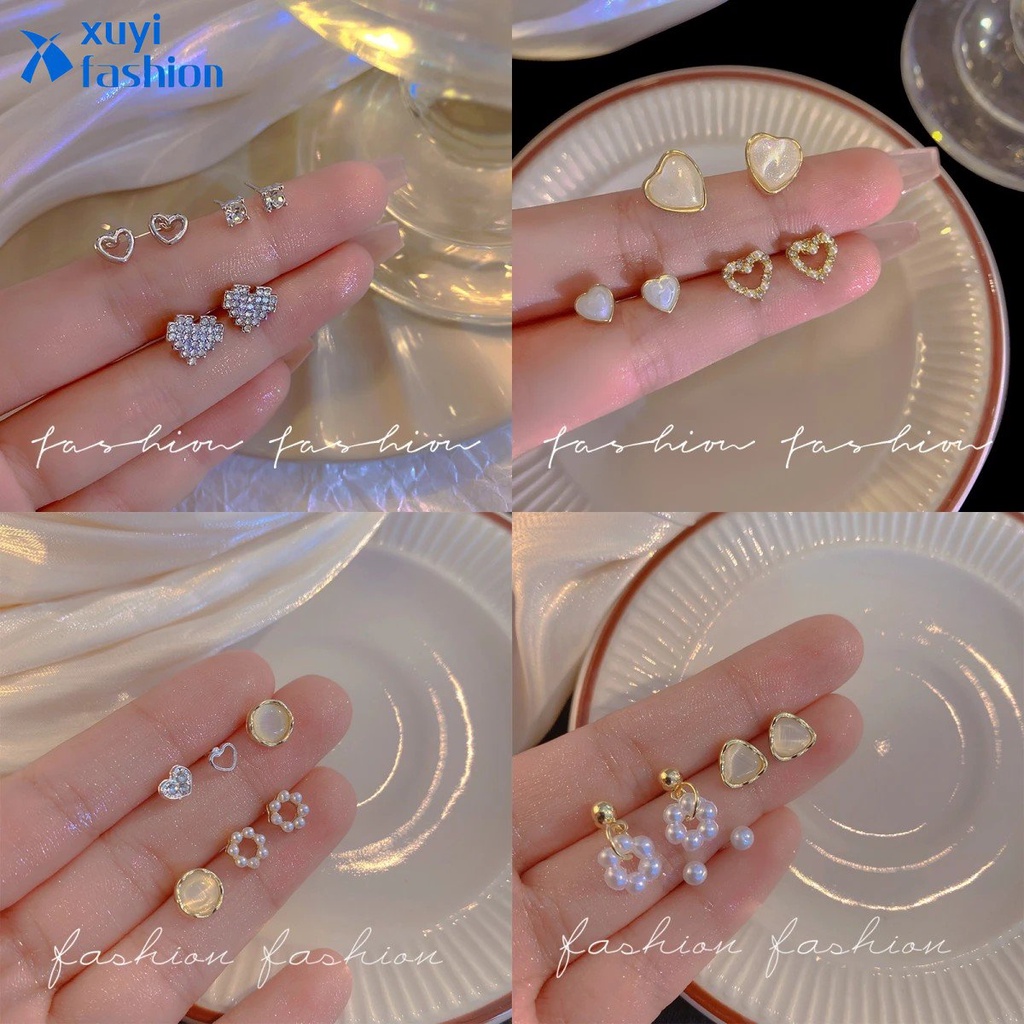 3pasang /set Anting Tusuk Mutiara Hati Emas Zirkon Kristal Menjuntai Earring Untuk Wanita Fashion Perhiasan Aksesoris