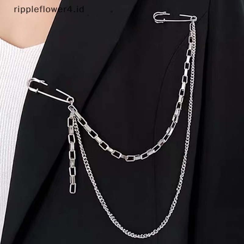 {rippleflower4.id} Punk Liontin Double Pin Klip Rantai Bros Jepang Korea Untuk Pria Wanita Street Ins Panjang Logam Dada Rantai Bros Trendi Aksesoris~