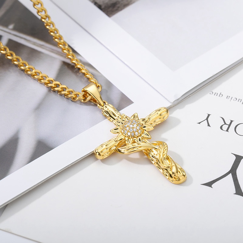 Kalung Salib Yesus Religi Stainless Steel Untuk Wanita Pria Bunga Matahari Warna Emas Liontin Salib Dengan Rantai Kalung Perhiasan Hadiah