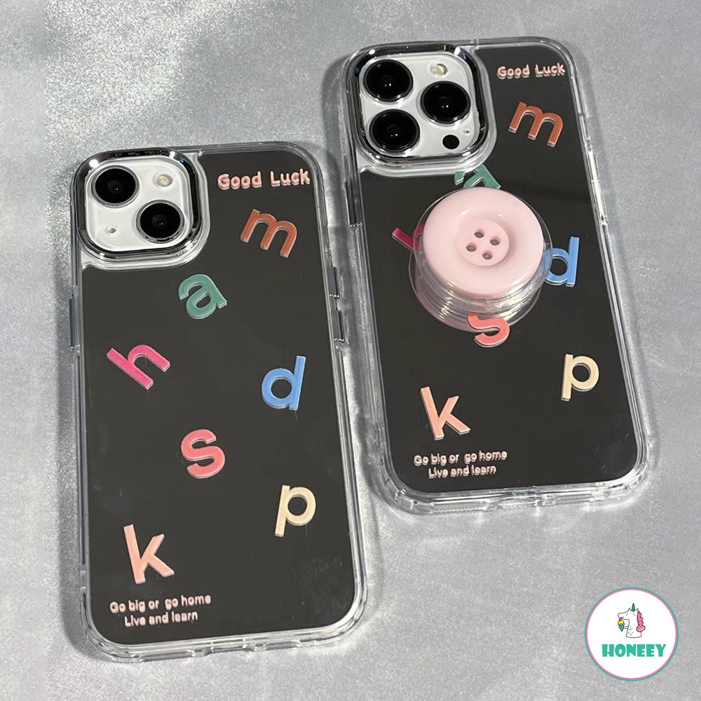 IPHONE Korea Huruf Pink Tombol Bracket Cermin Soft Phone Case Untuk Iphone14 12 11 13 Pro Max 11 12 13 14 Pelindung Penutup Belakang