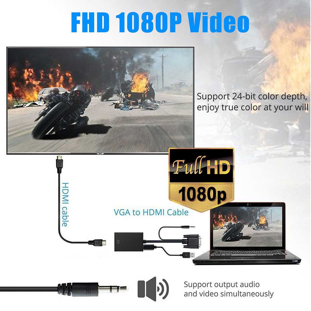 Kabel Adapter Converter VGA Male ke HDMI 1080P dengan Audio/ Converter adapter VGA ke HDMI ini VGA Male ke HDMI Female Dengan adapter ini, Anda dapat menggunakan perangkat VGA Anda ke layar HDMI