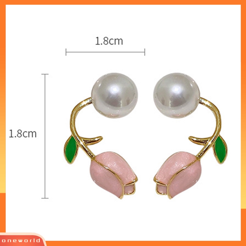 [WOD] 1pasang Anting Wanita Permukaan Halus Fashion Stainless Anti Karat Warna Kontras Hias Telinga Mutiara Imitasi Bunga Tulip Stud Earrings Aksesoris Wanita