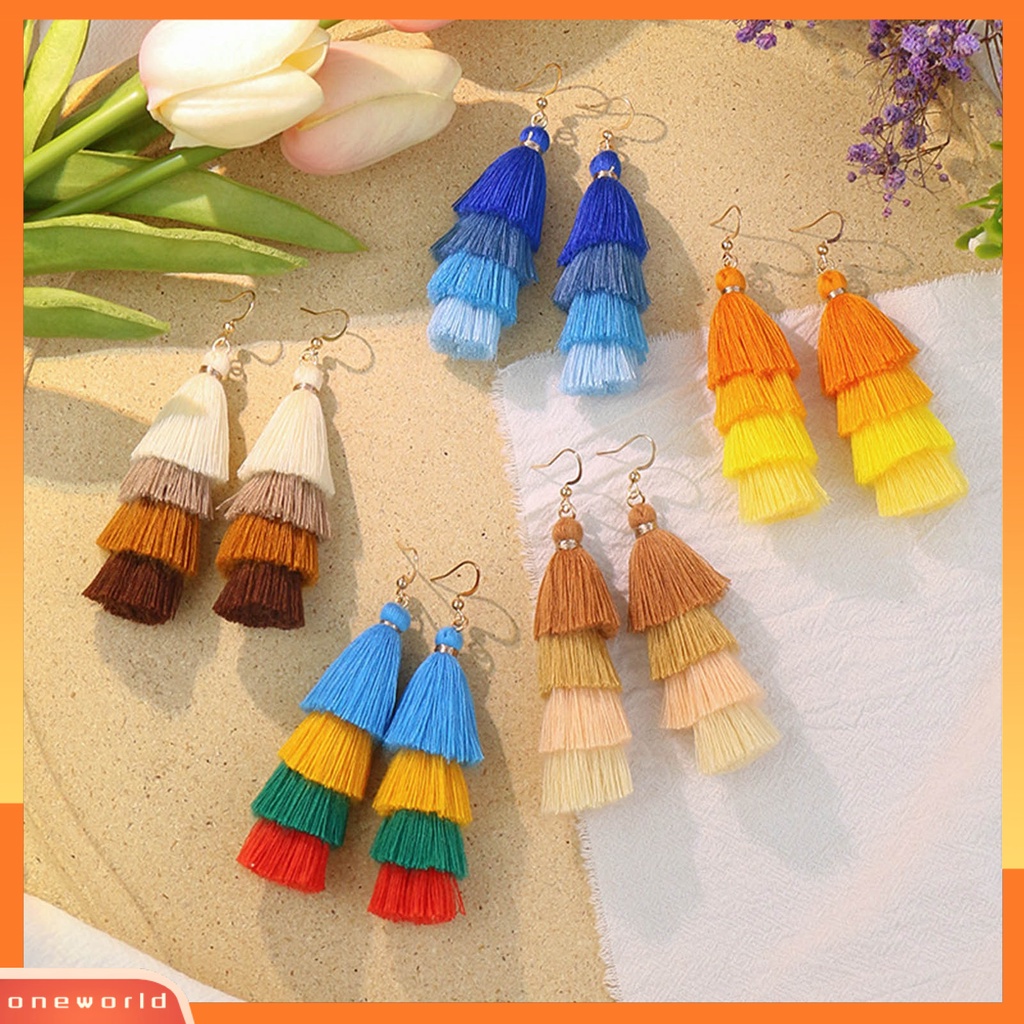 [WOD] 1pasang Anting Menarik Gaya Bohemia Ultra Panjang 4lapis Rumbai Fringe Menjuntai Anting Untuk Wanita