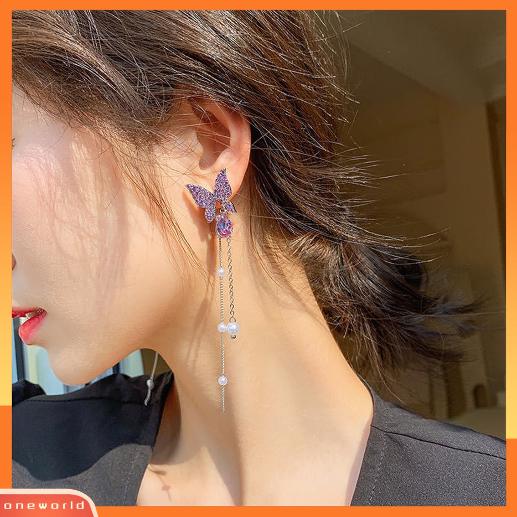 [WOD] 1pasang Berlian Imitasi Bersinar Rantai Rumbai Anting Lady Kupu-Kupu Hidup Mutiara Imitasi Anting Pejantan Anting Elegan