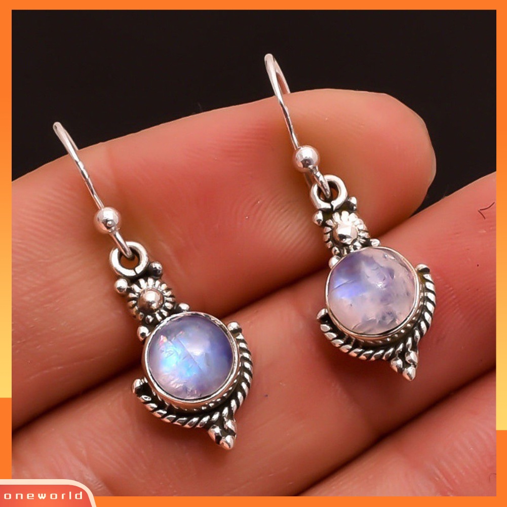 [WOD] Vintage Wanita Faux Moonstone Hollow Bulat Menjuntai Kait Anting Perhiasan Hadiah