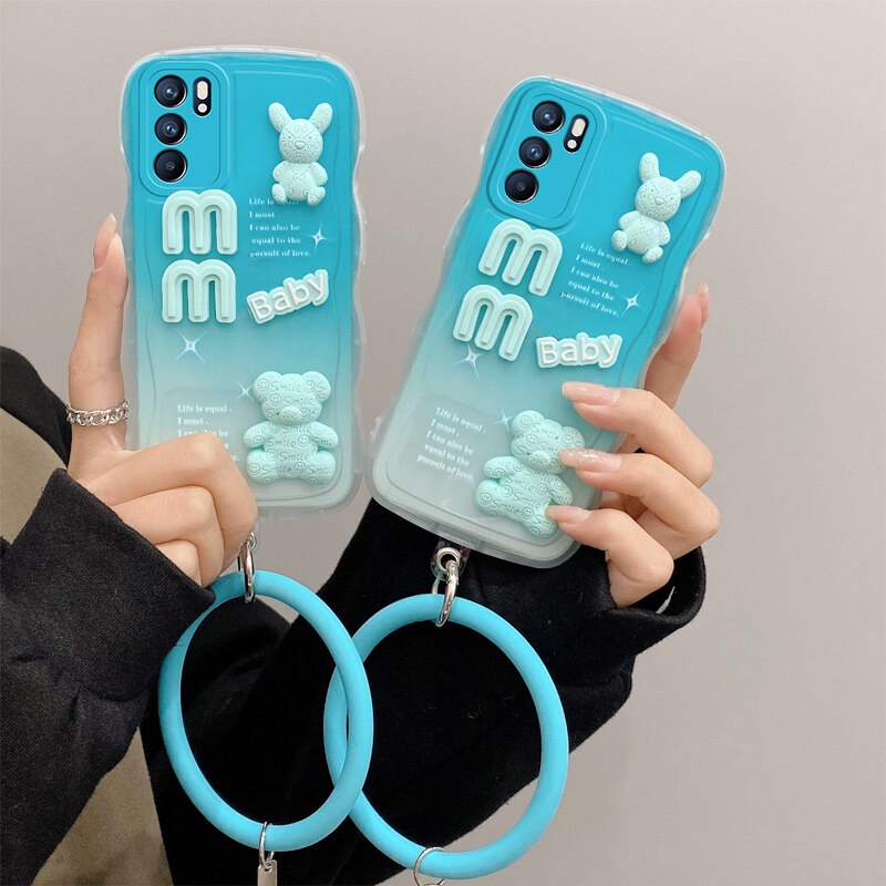 Andyh Desain Baru Untuk OPPO Reno6 4G Case 3D Cute Bear+ Solid Color Bracelet Fashion Premium Gradient Soft Phone Case Silikon Shockproof Casing Pelindung Penutup Belakang
