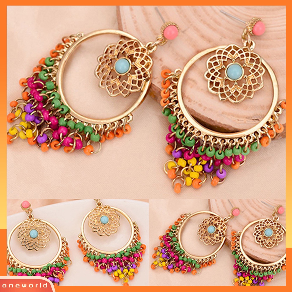 [WOD] Wanita Gaya Boho Warna-Warni Ukiran Berongga Telinga Drop Menjuntai Beads Piercing Earrings